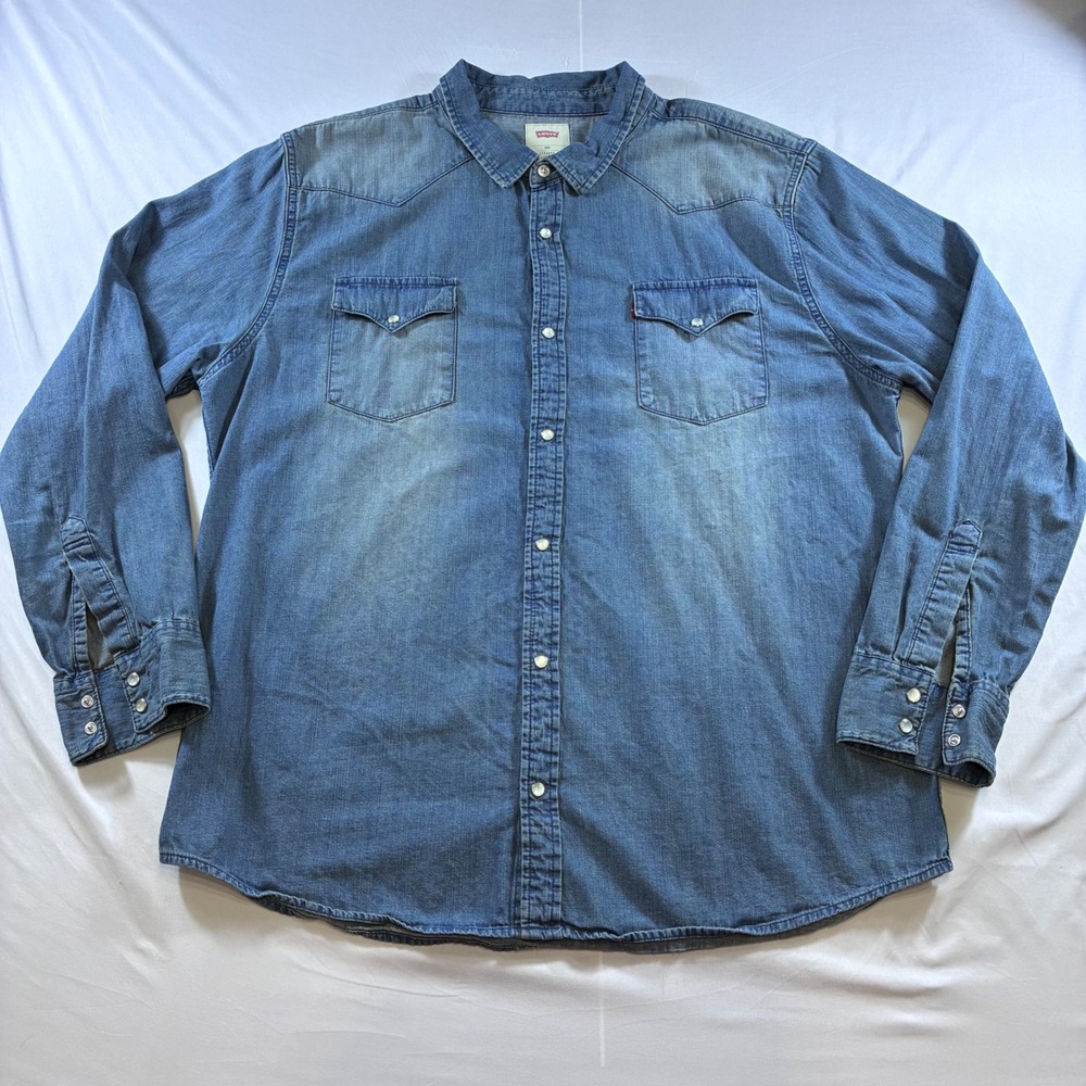 Levis Mens XXXL Blue Denim Western Pearl Snap Long Sleeve Shirt Medium Wash